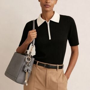 Bag Charm with Gray Leather Bow and Gold Tassel